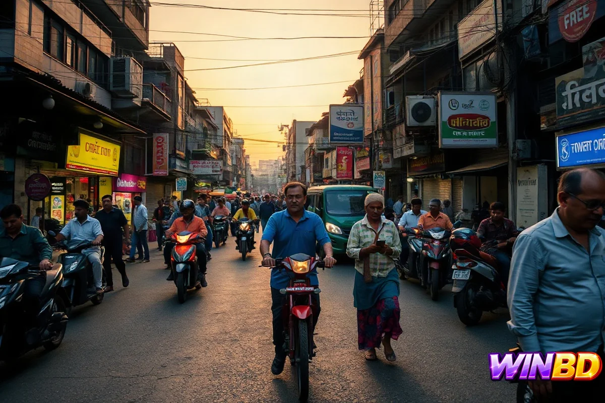 ঢাকার রাস্তায় সন্ধ্যার আলোয় মানুষের ভিড়, হাতে স্মার্টফোন