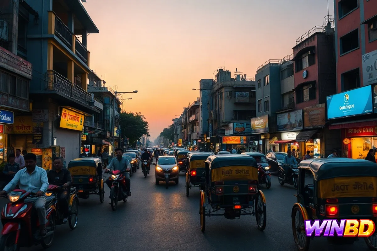 সন্ধ্যায় ঢাকার ব্যস্ত রাস্তা, নিয়ন সাইন ও রিকশা, অনলাইন জুয়ার প্রেক্ষাপট।