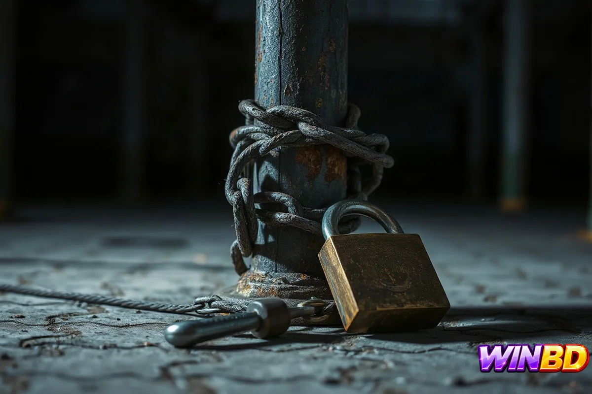 মরিচা ধরা পোস্টের চারপাশে ইস্পাতের চেইন ও ভাঙা তালা, অস্পষ্ট আলো