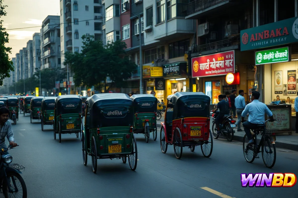 সন্ধ্যায় ঢাকার ব্যস্ত রাস্তা, রঙিন রিকশা ও দোকানের উষ্ণ আলো, উঁচু থেকে দৃশ্য