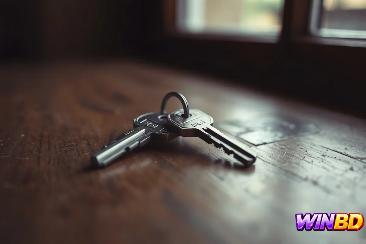 ক্লোজ-আপে কাঠের টেবিলে পুরনো ধাতব চাবির গোছা, জানালার আলোয় ধুলিকণা