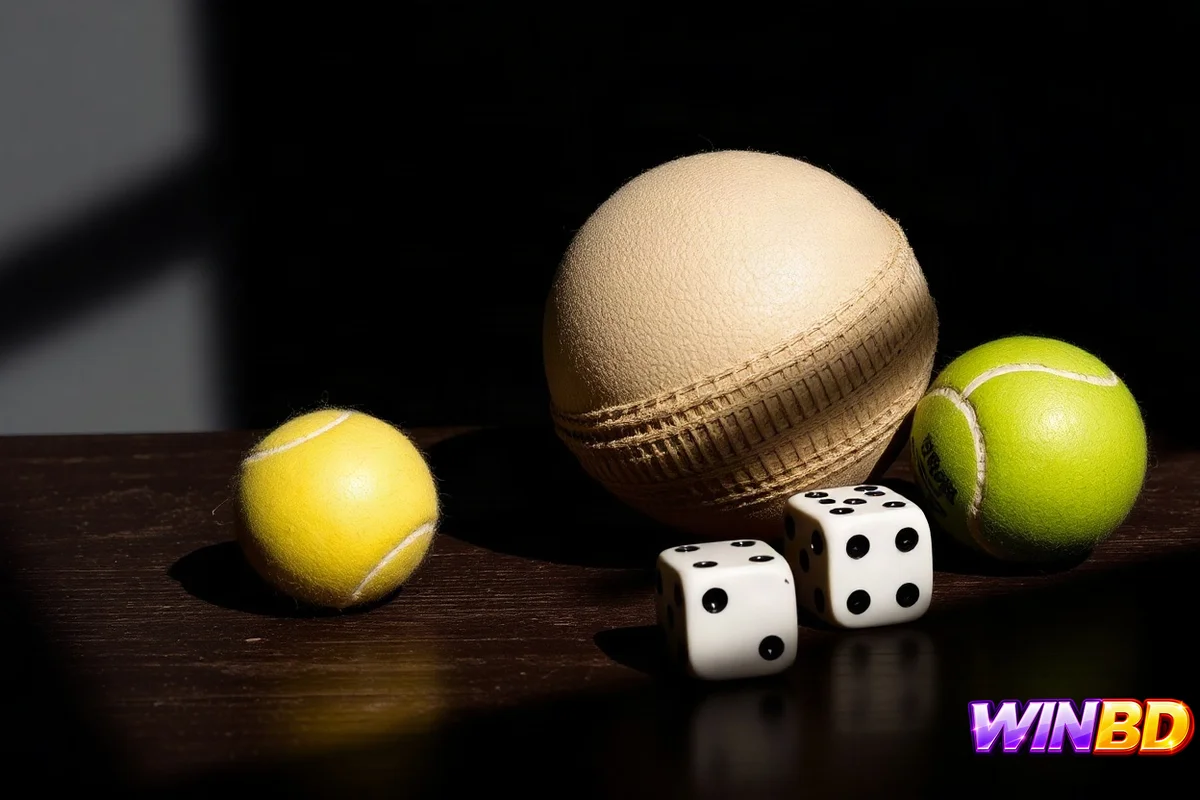 ক্রিকেট বল, টেনিস বল ও পাশা একসাথে সাজানো, নাটকীয় আলোয়