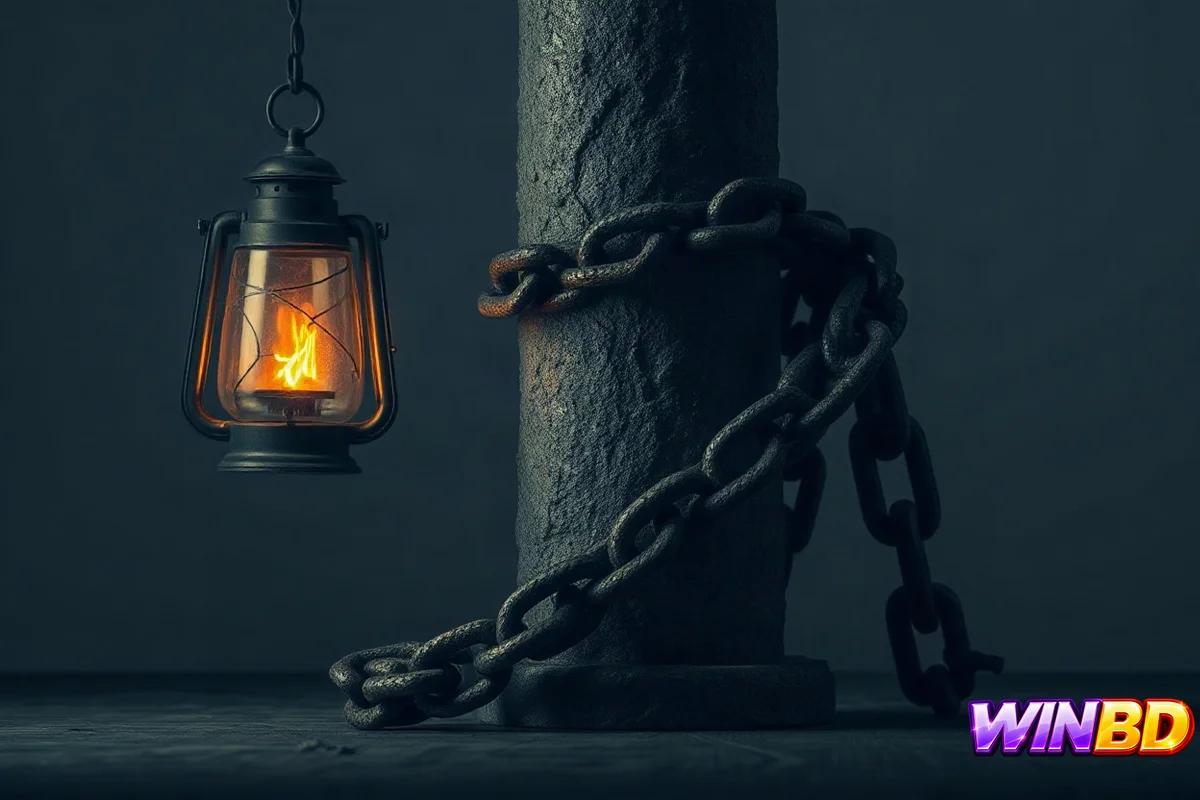 পাথরের স্তম্ভে মোড়ানো ভারী ইস্পাতের চেইন এবং পাশে ছোট লণ্ঠন, গভীর পর্যালোচনার প্রতীক